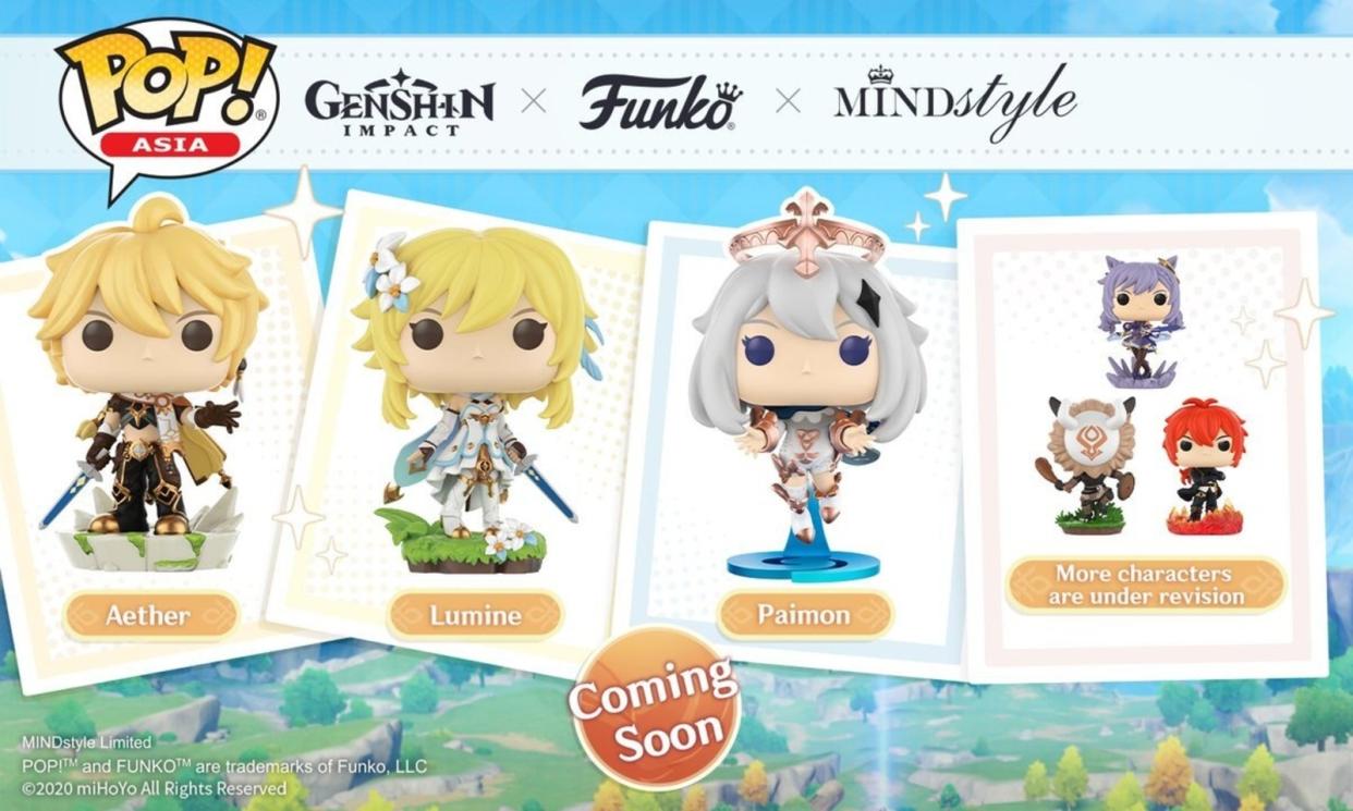 Promotional image of Genshin Impact characters Aether, Lumine and Paimon as Funko figures. (Photo HoYoVerse)