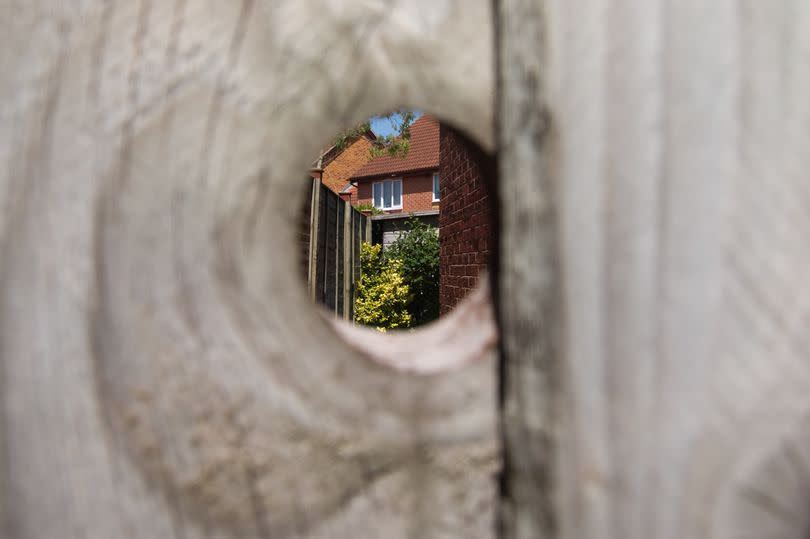 View through a knothole in the fence into the garden at  the side of a typical late 20th century British house.