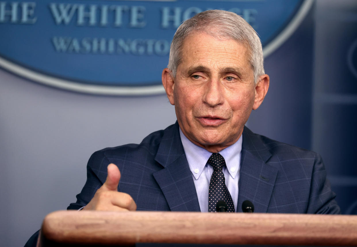 WASHINGTON, DC - NOVEMBER 19: Dr. Anthony Fauci, Director of the National Institute of Allergy and Infectious Diseases, speaks during a White House Coronavirus Task Force press briefing in the James Brady Press Briefing Room at the White House on November 19, 2020 in Washington, DC. The White House held its first Coronavirus Task Force briefing in months as cases of COVID-19 are surging across the country ahead of the Thanksgiving holiday.  (Photo by Tasos Katopodis/Getty Images)