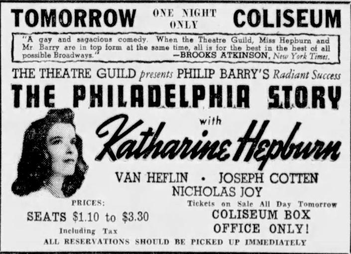 An advertisement from the Evansville Sunday Courier &amp; Press for Katharine Hepburn’s Coliseum show on Jan. 19, 1941. 