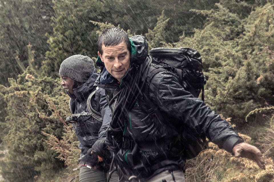 RUNNING WILD WITH BEAR GRYLLS -- "Uzo Aduba" Episode 404 -- Pictured: (l-r) Uzo Aduba, Bear Grylls -- (Photo by: Ben Simms/NBC/NBCU Photo Bank via Getty Images)