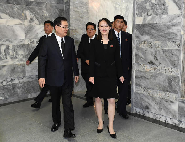 Kim Yo Jong speaks with Chung Eui-yong, South Korea's top national security adviser at the time, in Panmunjom, South Korea, in 2019. 
