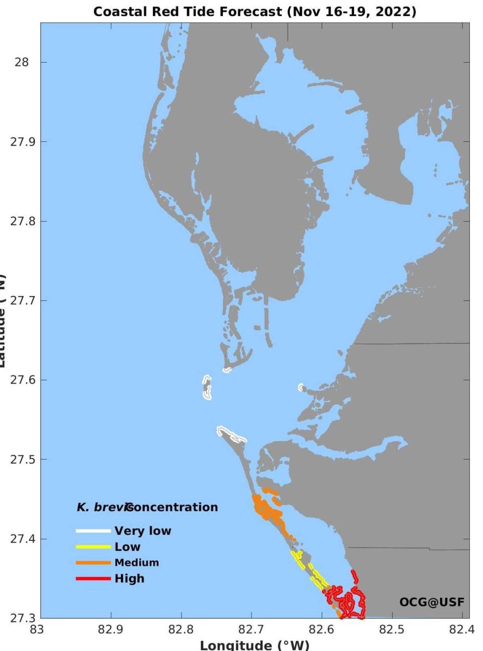 A map from University of South Florida’s Ocean Circulation Lab shows the red tide forecast in the Tampa Bay region over the coming days.