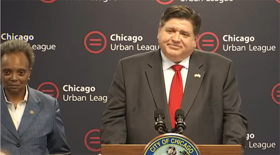 Gov. J.B. Pritzker and Chicago Mayor Lori Lightfoot are pictured at a news conference in Chicago on Monday during which both elected officials were critical of state Sen. Darren Bailey, of Xenia, the Republican candidate for governor.