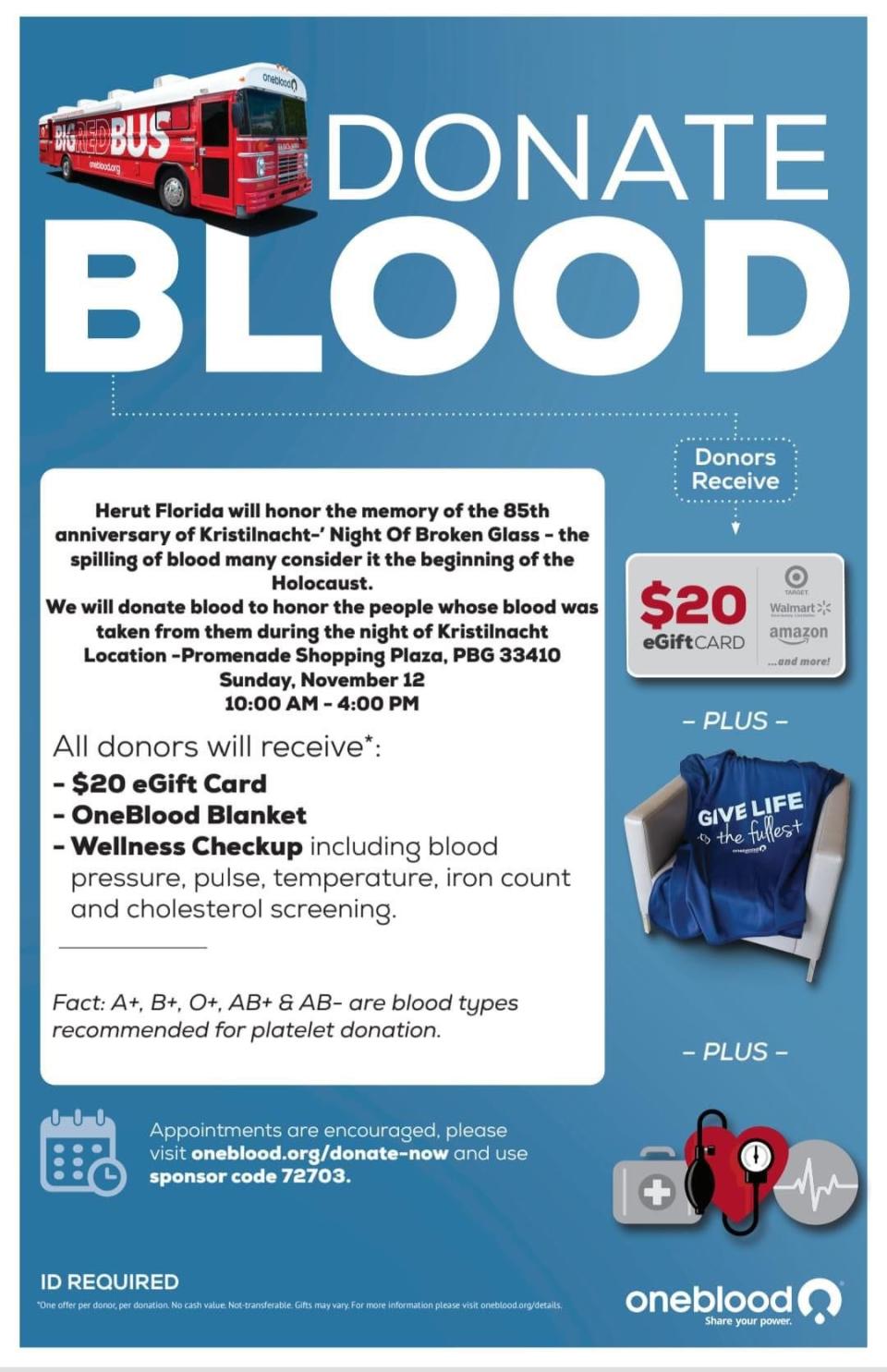 A flyer depicts a blood drive organized by OneBlood and Herut Florida, a global nonprofit that supports Israel, in honor of the 85th anniversary of Kristallnacht. The blood drive will be on Nov. 12, 2023, at the Promenade shopping plaza in Palm Beach Gardens.