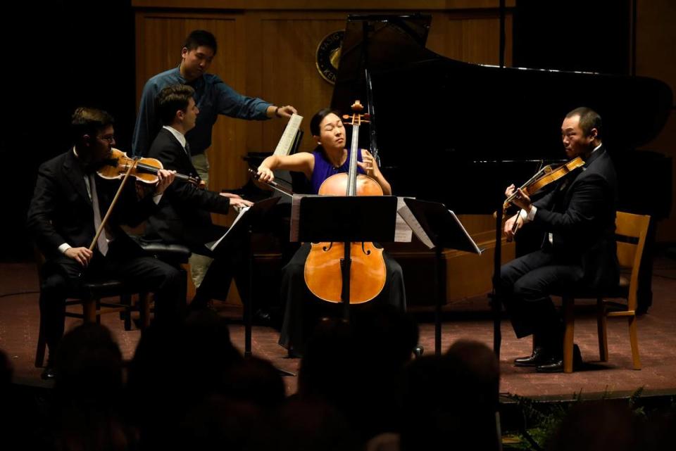 Violinist Nathan Cole, pianist Alessio Bax, cellist Priscilla Lee and violist Burchard Tang perform Johannes Brahams “Piano Quartet No. 2” at the 2016 Chamber Music Festival of Lexington in the Fasig-Tipton Pavilion.