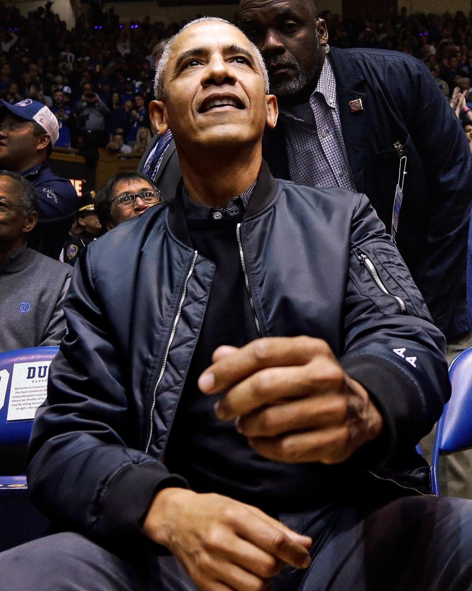 Barack Obama hit the Duke-UNC game wearing a true grail: a "44"-embroidered bomber jacket.