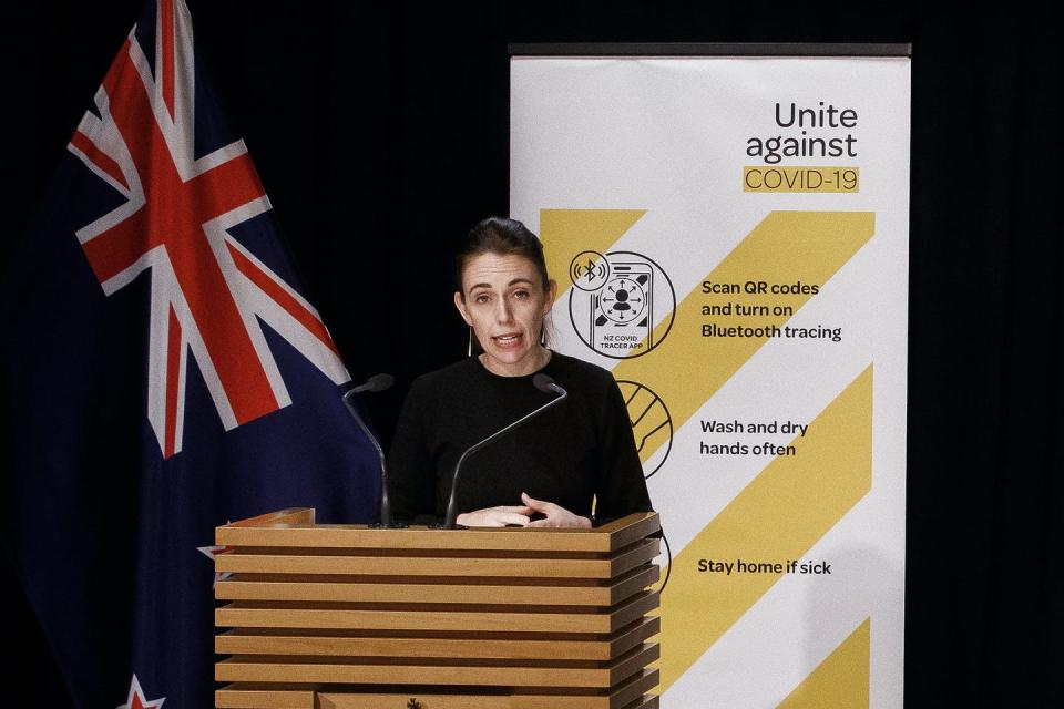 Jacinda Ardern speaking at a COVID-19 briefing