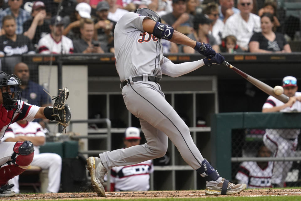 Detroit Tigers' Riley Greene hits a single during the third inning of a baseball game against the Chicago White Sox in Chicago, Sunday, Aug. 14, 2022. (AP Photo/Nam Y. Huh)