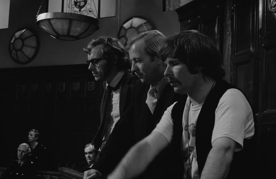 Comedians (L-R) Graeme Garden, Tim Brooke-Taylor and Bill Oddie in a sketch from episode 'Give Police a Chance' of the BBC television series 'The Goodies', October 22nd 1970. (Photo by Don Smith/Radio Times via Getty Images)