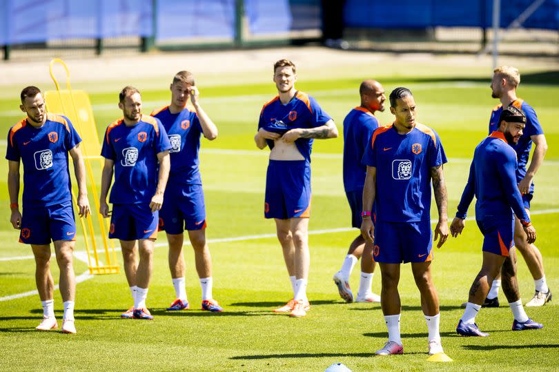 Stefan de Vrij, Daley Blind, Joey Veerman, Wout Weghorst, Virgil van Dijk, Donyell Malen, Memphis Depay and Matthijs de Ligt during a training session of the Dutch national team at the AOK Stadium on June 28, 2024 in Wolfsburg, Germany. The Dutch national team is preparing for the eighth finals at the European Football Championship in Germany against Romania.