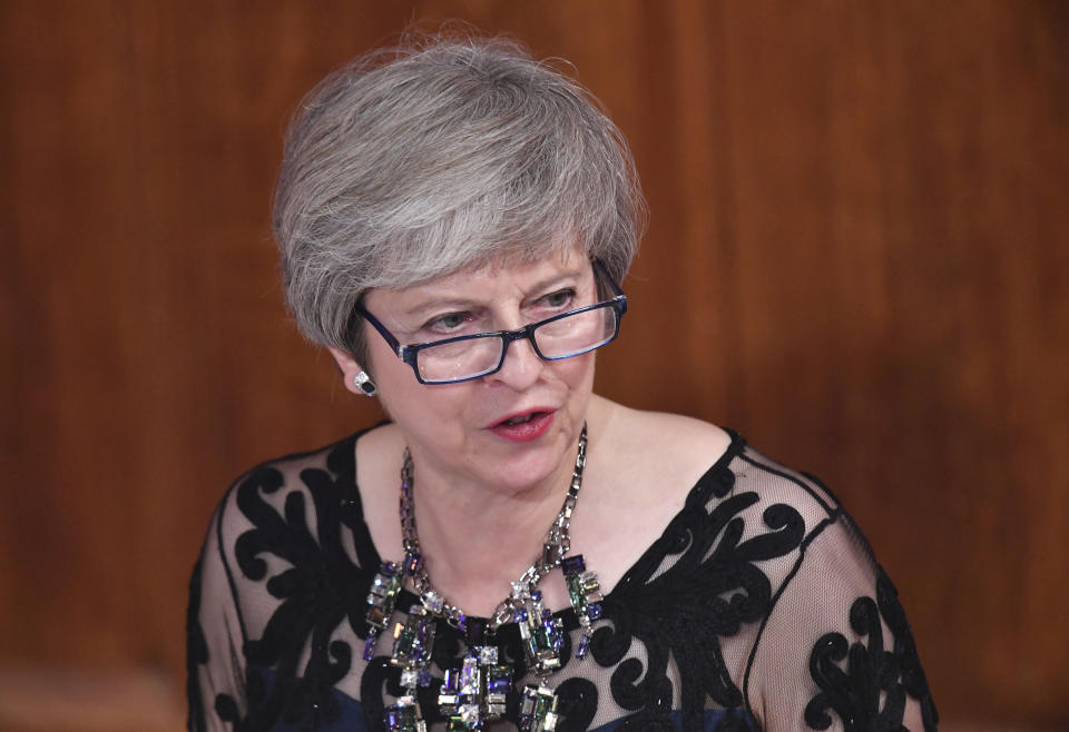 Britain's Prime Minister Theresa May, gives a speech during the Lord Mayor's Banquet at the Guildhall in London, Monday Nov. 12, 2018. The Prime Minister traditionally gives a keynote speech to guests including top social and business leaders and banking executives at the annual Lord Mayor's Banquet. (Dominic Lipinski/PA via AP)