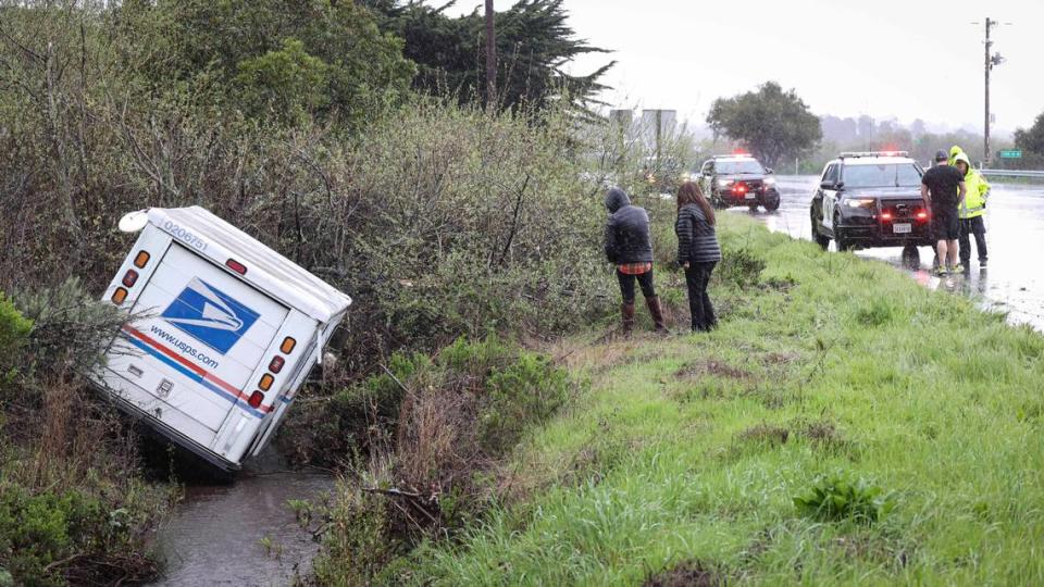 No one was injured when a mail truck hydroplaned off eastbound Los Osos Valley Road near Turri Road during a storm on March 6, 2024. David Middlecamp/dmiddlecamp@thetribunenews.com