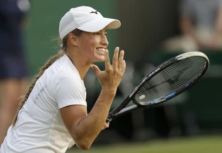 Yulia Putintseva of Kazakhstan reacts during her match against Venus Williams of the U.S.A. at the Wimbledon Tennis Championships in London, July 1, 2015. REUTERS/Henry Browne