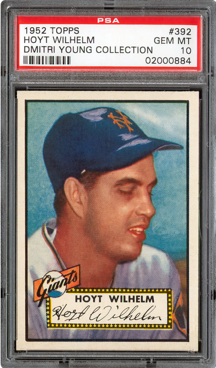 The 1952 card is Young’s oldest from Topps, and is the only PSA 10 of the Hall-of-Fame knuckleball specialist.