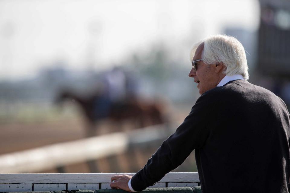 Trainer Bob Baffert kept an eye out for Game Winner as his horse trains for the Kentucky Derby at Churchill Downs on May 2, 2019.