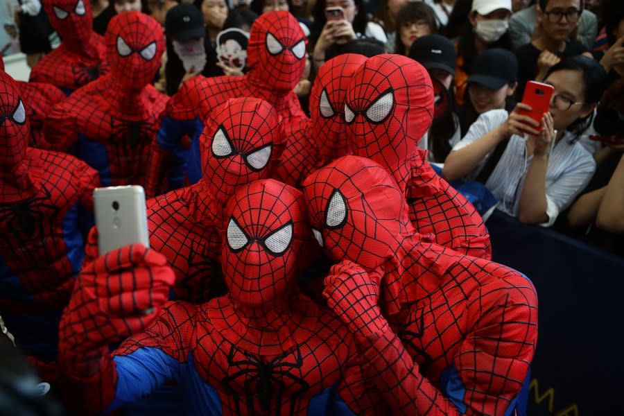 A group wears Spider-Man cloths during the 'Spider-Man: Homecoming' Seoul Premiere at Yeongdeunpo Times Square on July 2, 2017 in Seoul, South Korea.  (Photo/Chung Sung-Jun via Getty Images)