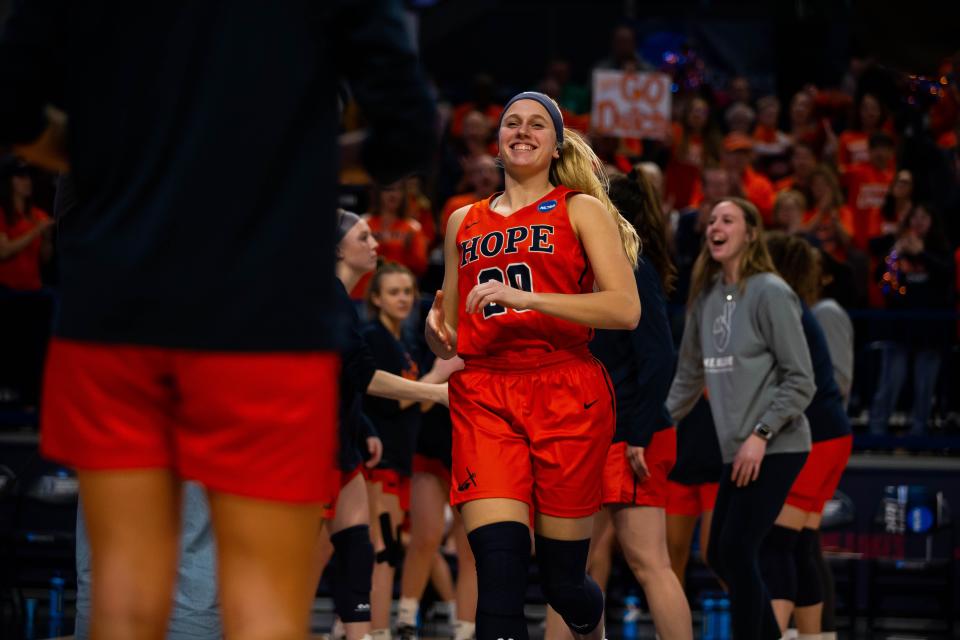 Hope's Kenedy Schoonveld is introduced as part of the starting lineup Saturday, March 19, 2022, at UPMC Cooper Fieldhouse in Pittsburgh. 