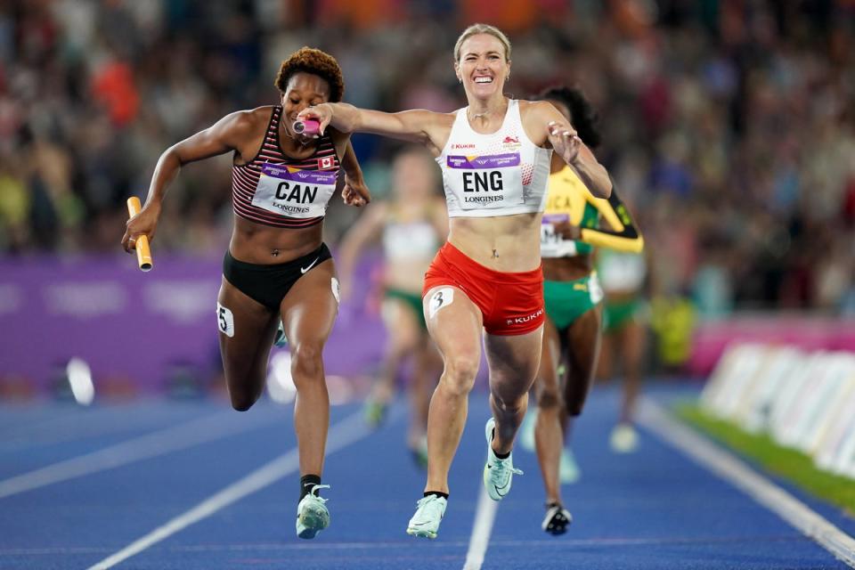 England’s Jessie Knight in the women’s 4x400m relay final in the Commonwealth Games at Alexander Stadium (Jacob King/PA) (PA Wire)