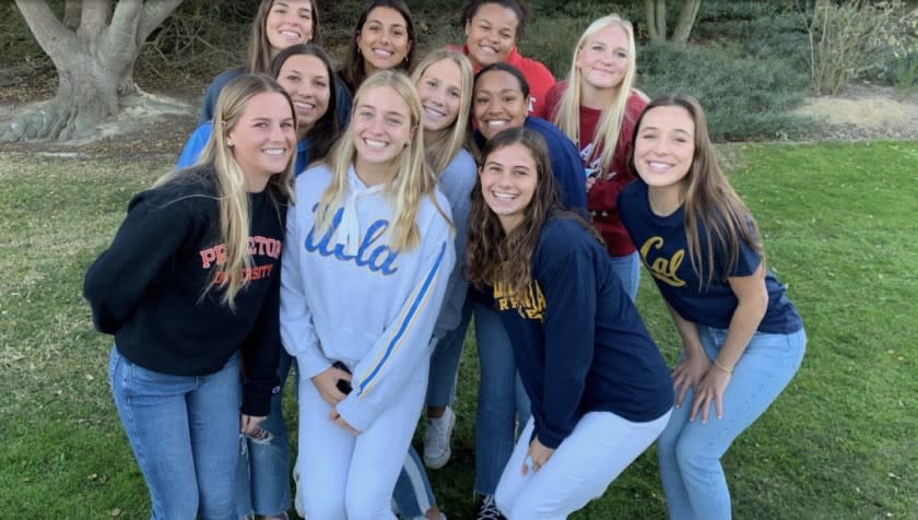 Eleven players off the Laguna Beach water polo team have signed with colleges. Bottom row left to right: Rachael Carter, Molly Renner, Jessie Rose, Emma Singer. Middle row: Emma Lineback, Nicole Strauss, Imani Clemons, Skylar Kidd. Back row: Mikayla Lopez, Kenedy Corlett, Ella Baumgarten.