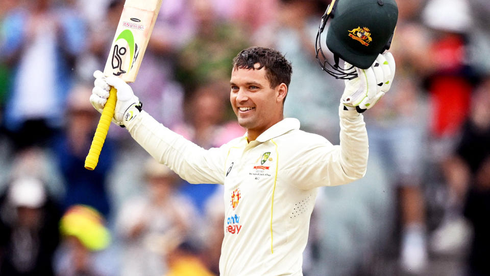 Alex Carey hit hit his first Test century in a crucial juncture for Australia, as they defend their first innings total with a decimated bowling lineup. (Photo by WILLIAM WEST/AFP via Getty Images)