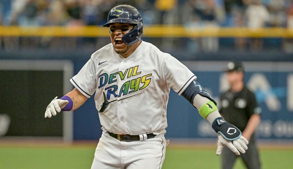 Tampa Bay Rays' Isaac Paredes celebrates after hitting a two-run winning single to defeat the Pittsburgh Pirates during the ninth inning of a baseball game Saturday, June 25, 2022, in St. Petersburg, Fla. (AP Photo/Steve Nesius)