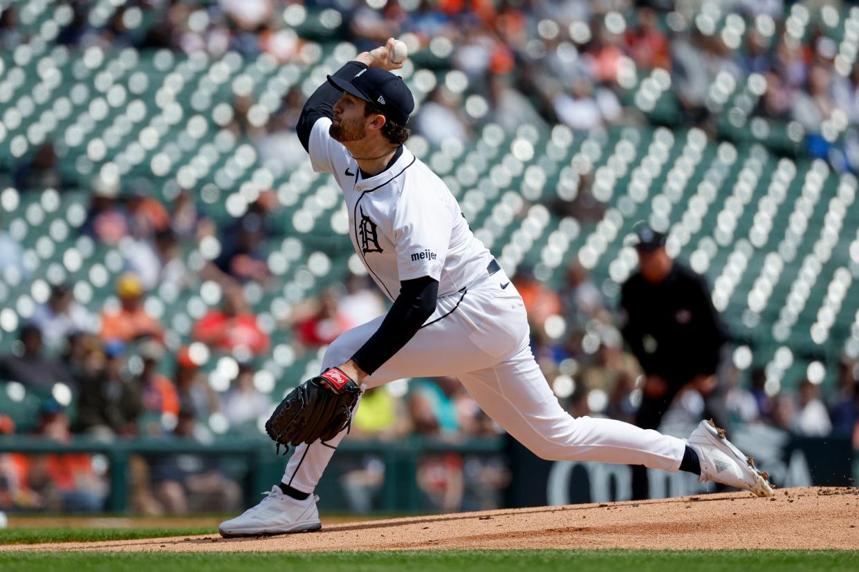 Detroit Tigers starting pitcher Casey Mize pitches in the first inning against the Texas Rangers at Comerica Park on Tuesday, April 16, 2024, in Detroit, Michigan.