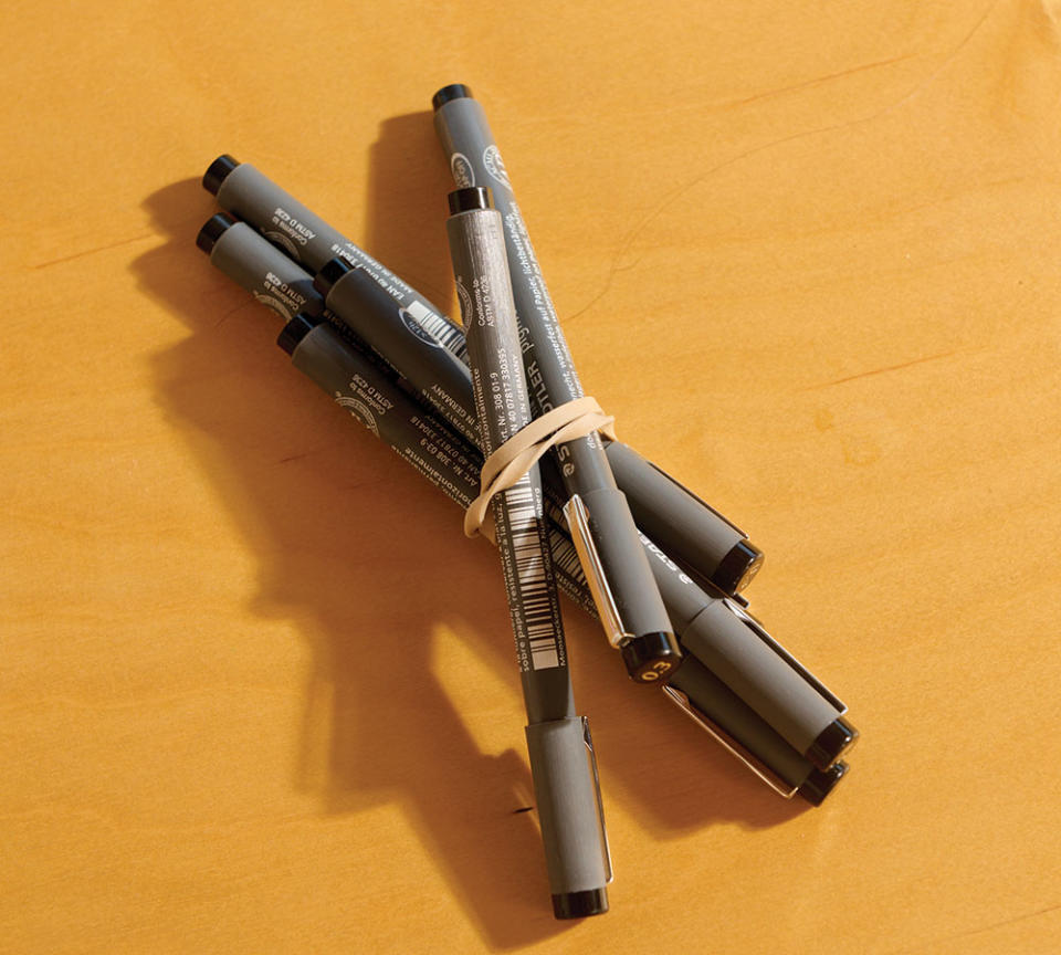 “My favorite pen (currently): Staedtler, pigment liner 0.3,” she says