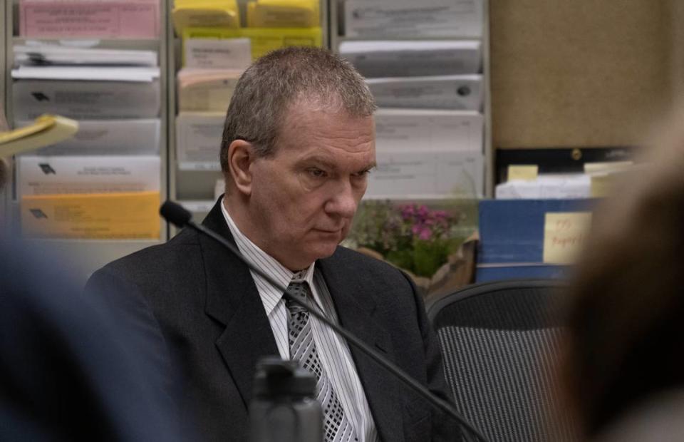 Stephen Deflaun listens in court during his murder trial at San Luis Obispo Superior Court on March 29, 2023. Deflaun is accused of killing two people at Morro Strand State Beach in a shooting on July 8, 2001.