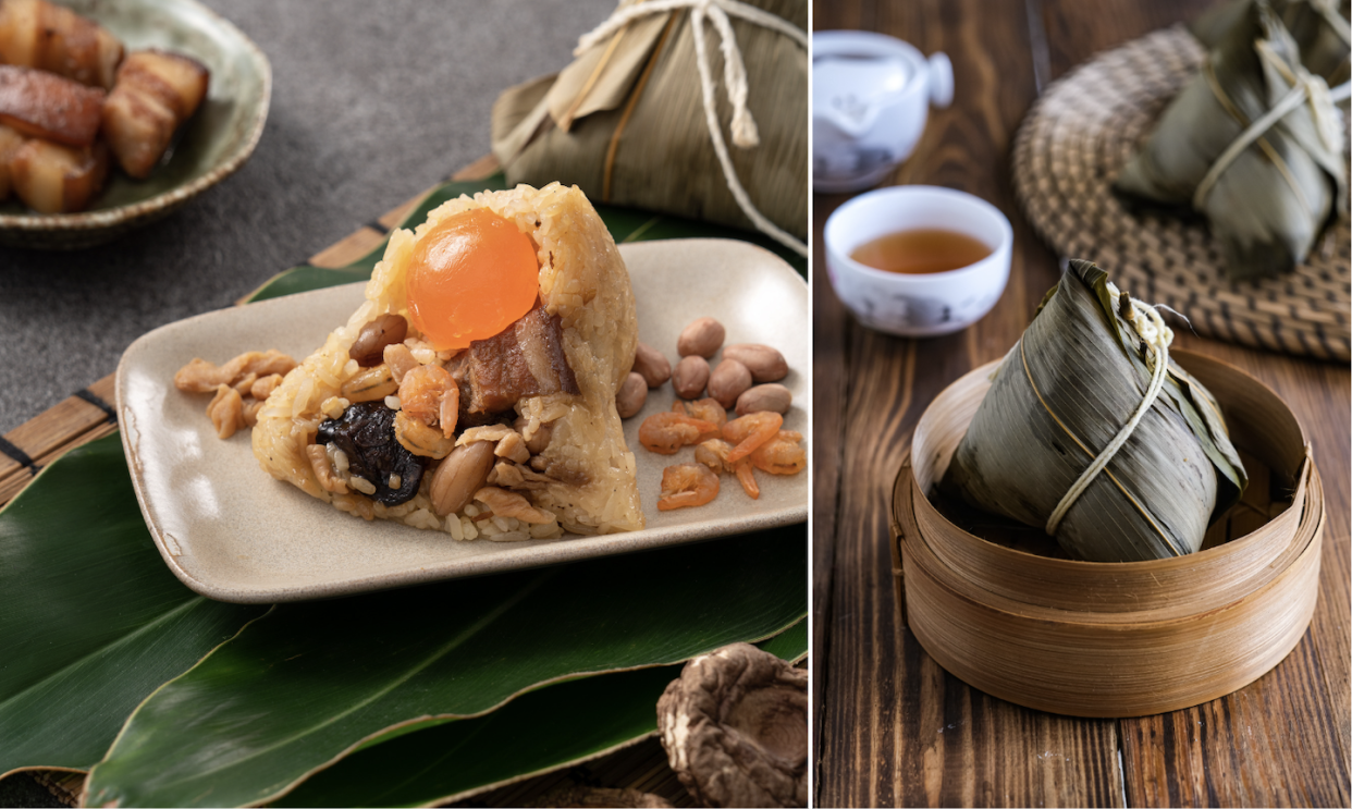 Rice dumpling on a plate (left) and wrapped up in bamboo leaves (Photos: Getty Images) 