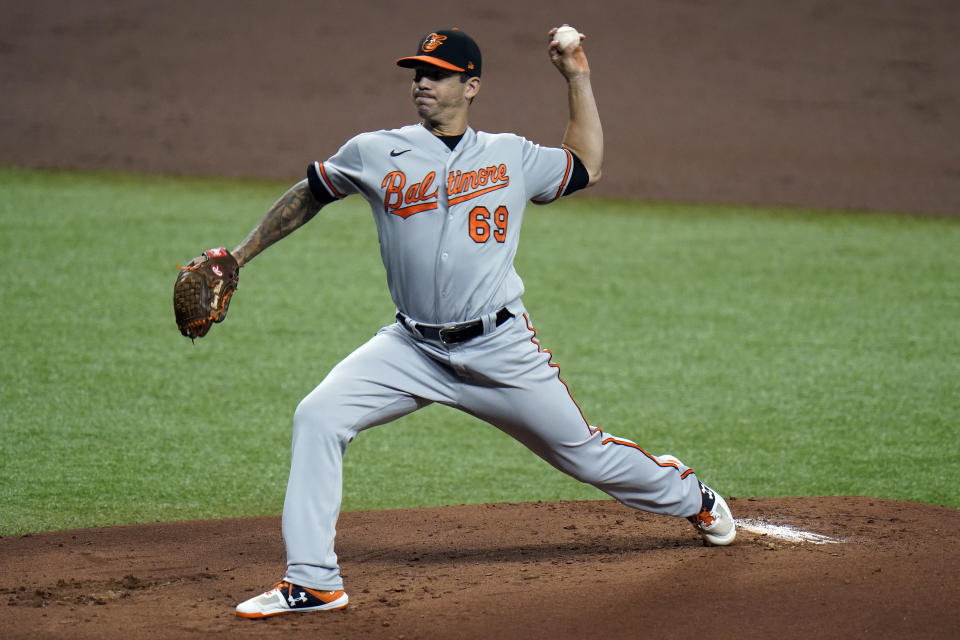 Baltimore Orioles starting pitcher Tommy Milone (69) delivers to the Tampa Bay Rays during the first inning of a baseball game Tuesday, Aug. 25, 2020, in St. Petersburg, Fla. (AP Photo/Chris O'Meara)