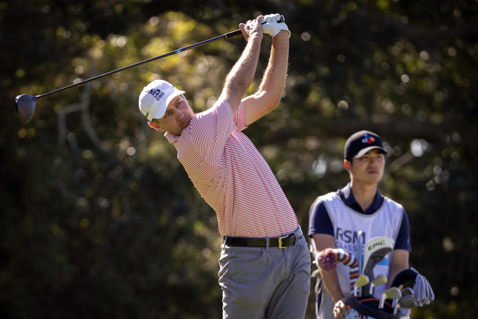 Brendon Todd watches is tee shot on the second hole during the third round of the RSM Classic golf tournament in St. Simons Island, Ga., Saturday, Nov., 23, 2019. (AP Photo/Stephen B. Morton)