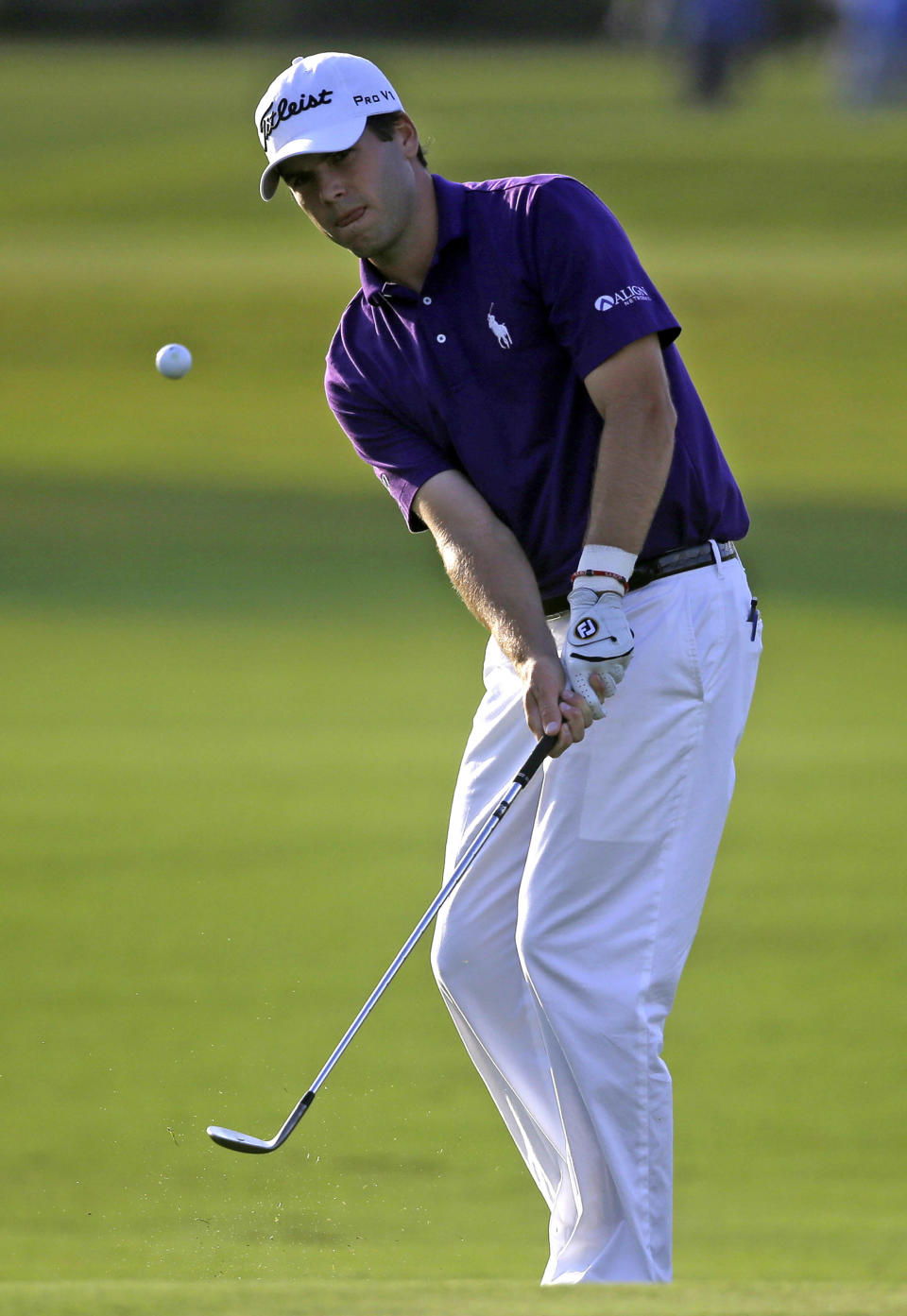 Ben Martin chips onto the green for the birdie on the 17th hole during the opening round of the PGA Zurich Classic golf tournament at TPC Louisiana in Avondale, La., Thursday, April 24, 2014. Martin treated a tiny gallery to a course-record round, shooting a 10-under 62 on Thursday. (AP Photo/Gerald Herbert)