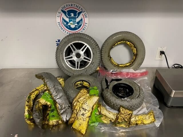 This photo provided by U. S. Customs and Border Protection shows cocaine seized by customs officers from a traveler who was smuggling the drugs in the wheels of her wheelchair at New York's Kennedy International Airport. The bust happened Nov. 10, 2022, when Customs and Border Patrol officers stopped a woman traveling from Punta Cana in the Dominican Republic with a wheelchair whose wheels weren't turning, the agency said in a news release. (U. S. Customs and Border Protection via AP)