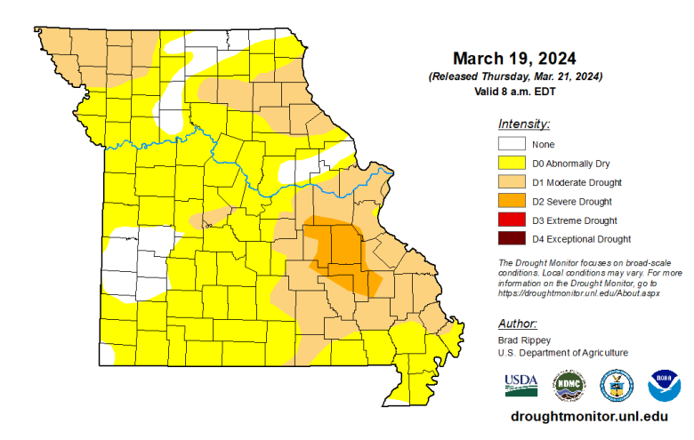 March 19, 2024 U.S. Drought Monitor — Missouri (Image courtesy: National Drought Mitigation Center at the University of Nebraska-Lincoln, the National Oceanic and Atmospheric Administration, and the U.S. Department of Agriculture).