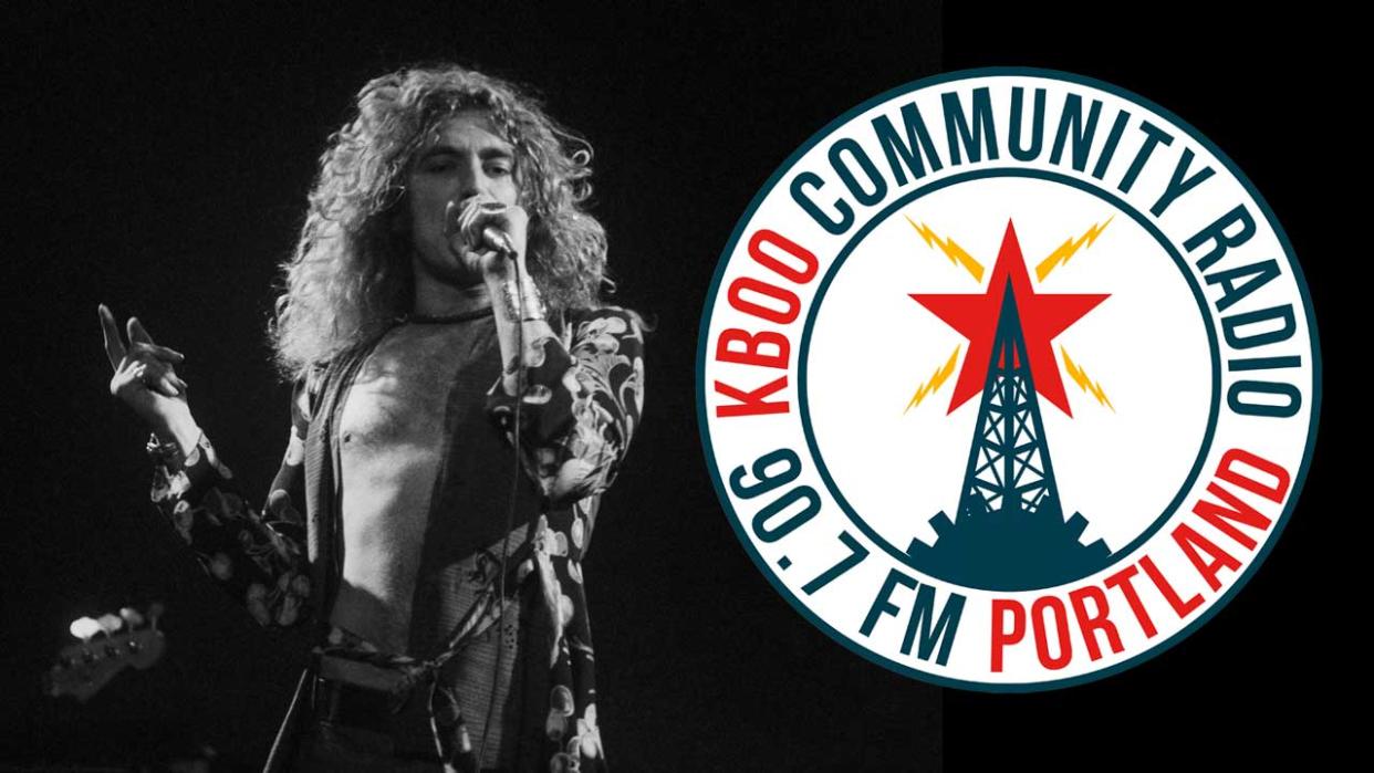  Robert Plant onstage in 1970, and the KBOO logo. 