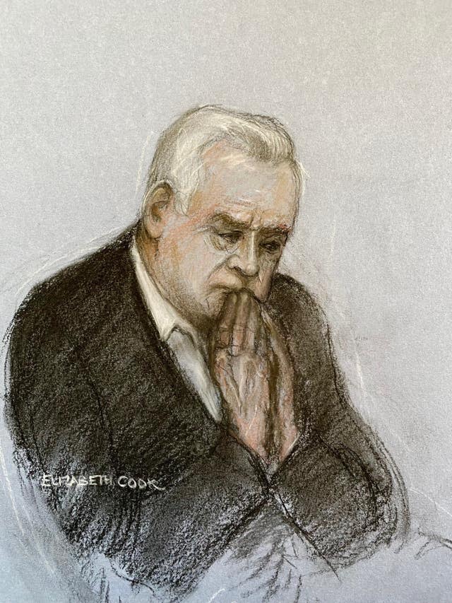 Court sketch of former BBC broadcaster Huw Edwards in the dock at Westminster Magistrates’ Court 