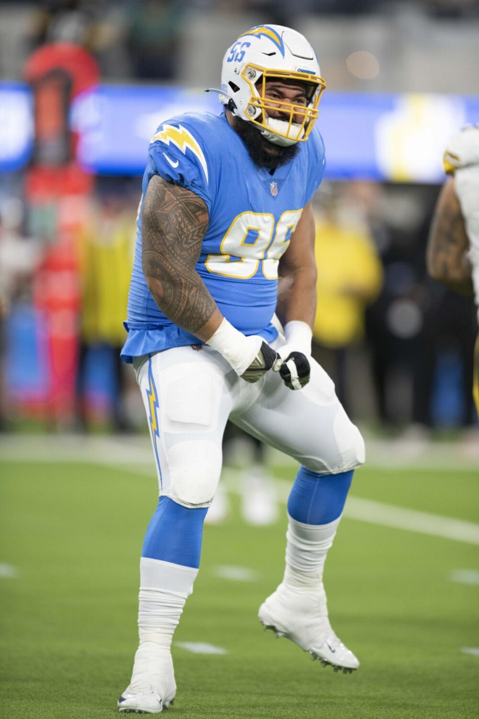 Chargers defensive tackle Breiden Fehoko reacts during the win over the Steelers.