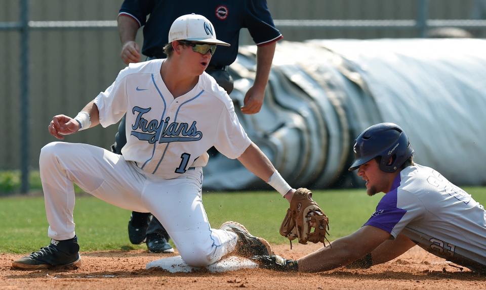 CPA second baseman Langston Patterson (22) steals third base as Northpoint Christian third baseman Jay Ferguson (18) applies the tag late during the second inning in a TSSAA Division 2 Class A state baseball tournament game on Tuesday, May 25, 2021, in Murfreesboro, Tenn. 