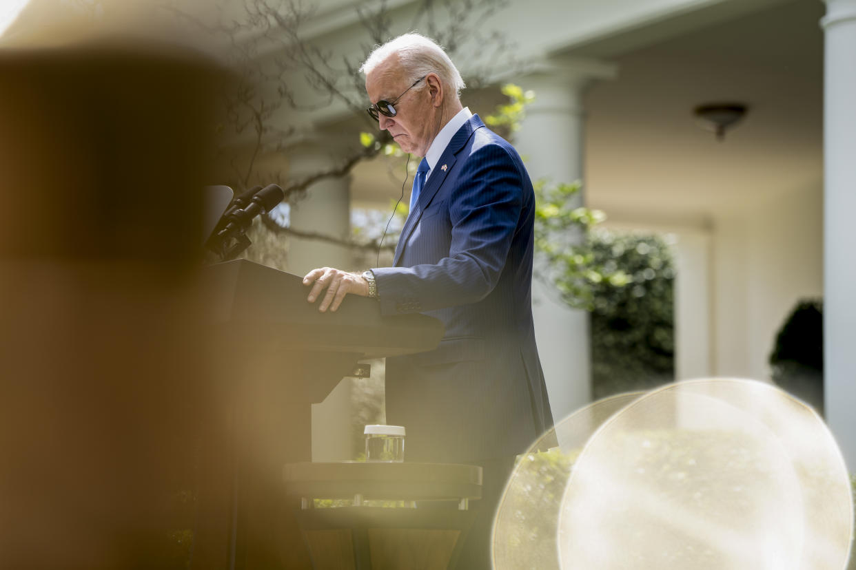 President Joe Biden during a joint news conference with Prime Minister Fumio Kishida in the Rose Garden at the White House in Washington, Wednesday, April 10, 2024. (Haiyun Jiang/The New York Times)