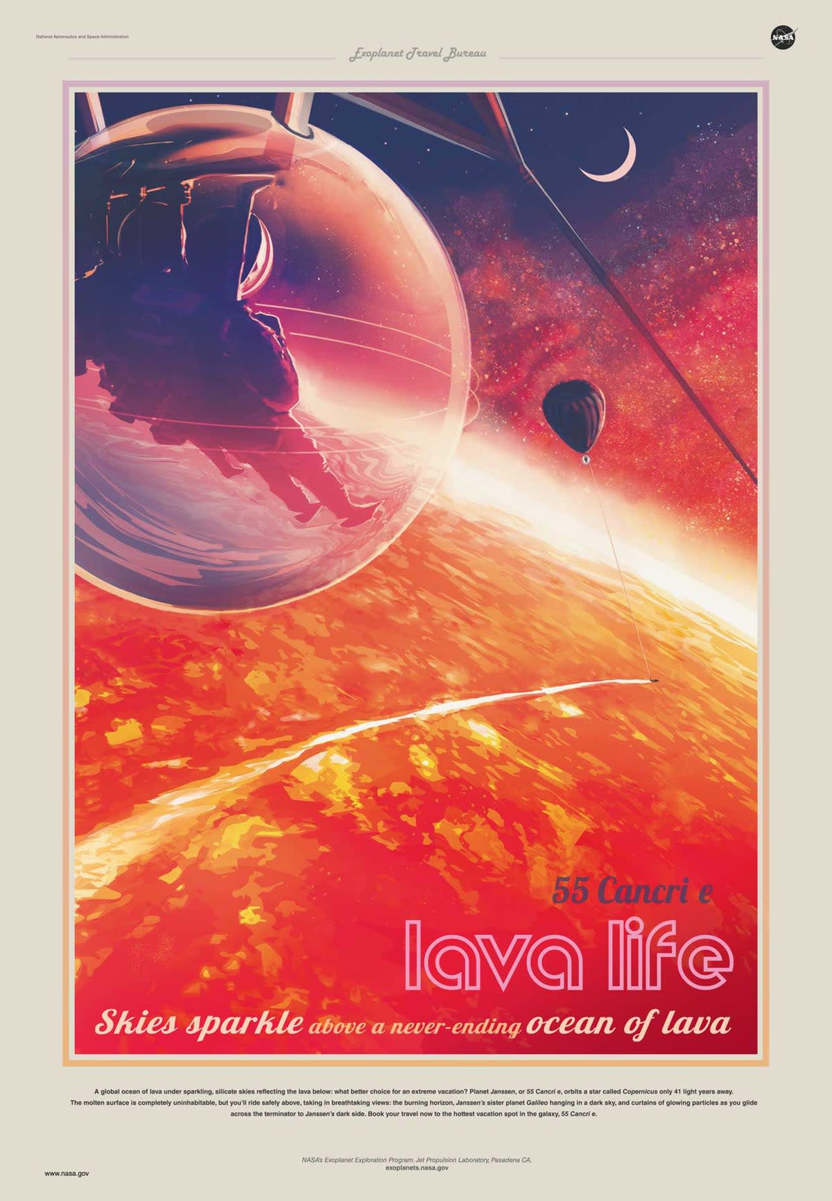 Poster art depicting a visit to the exoplanet lava world 55 Cancri 3e (Nasa)