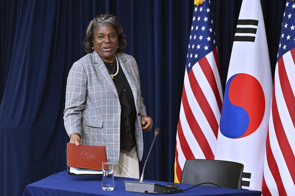 U.S. Ambassador to the United Nations Linda Thomas-Greenfield arrives to attend a press conference at the American Diplomacy House in Seoul Wednesday, April 17, 2024. (Jung Yeon-je/Pool Photo via AP)