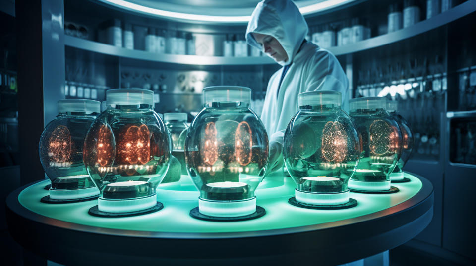 A laboratory technician working on a solution of rare diseases, housed in a cholic acid capsule.