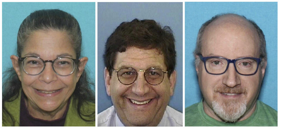 In this combo image made from photos provided by the United States District Court Western District of Pennsylvania are, from left, Audrey Glickman, Jonathan Perlman, and Stephen Weiss, survivors of the Oct. 27, 2018, assault on the Tree of Life synagogue in Pittsburgh. Glickman, Perlman, and Weiss testified Thursday, June 1, 2023, on the third day of the trial of Robert Bowers, who faces federal charges in the October 2018 attack that killed members of three congregations at the Pittsburgh synagogue. (United States District Court Western District of Pennsylvania via AP)