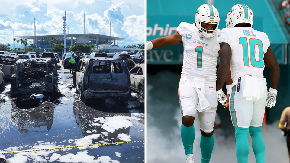 Cars (pictured left) destroyed in a fire due to a suspected tailgating incident and (pictured right) Dolphins players celebrating the NFL game win.