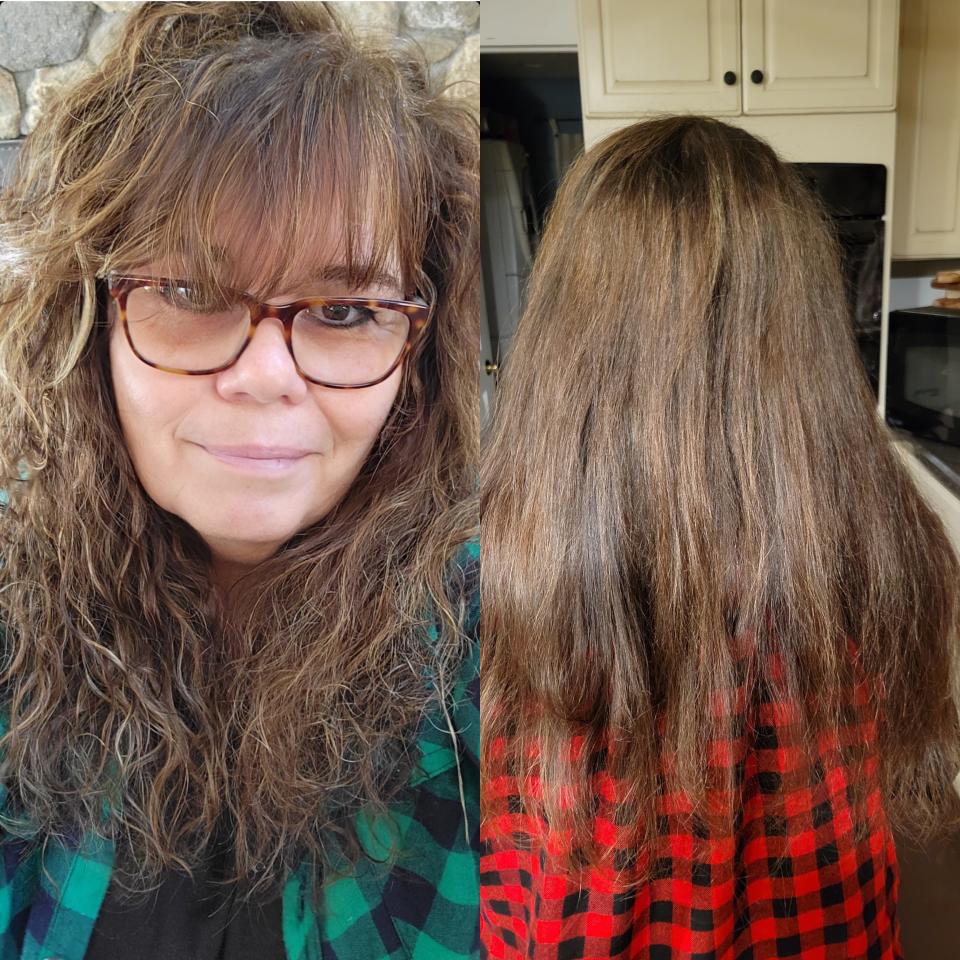 Cathy G. appears in two photos: One facing the camera and showing her thick, full hair before she started using Olaplex, and another from the back showing more brittle har strands of mixed lengths