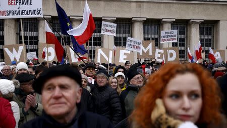 People hold placards with letters as they gather during an anti-government demonstration for free media in front of the Television headquarter in Warsaw, January 9, 2016. The placards read, "Free Media". REUTERS/Kacper Pempel