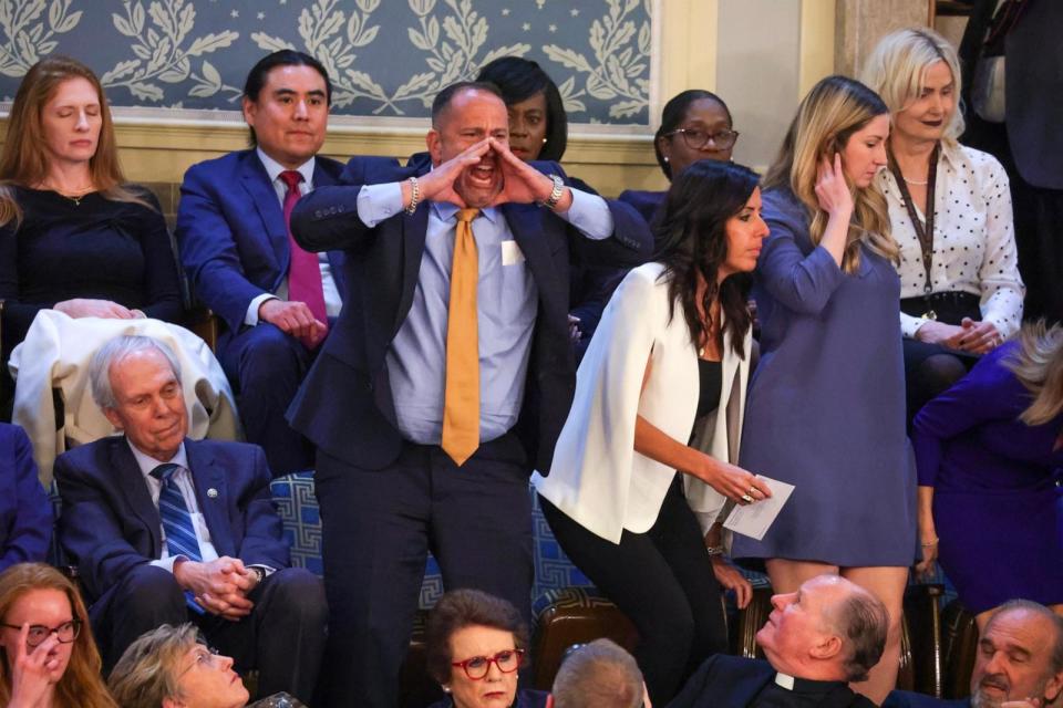 PHOTO: A heckler yells out as President Joe Biden delivers the State of the Union address during a joint meeting of Congress in the House chamber at the U.S. Capitol, on March 7, 2024, in Washington, D.C.  (Alex Wong/Getty Images)