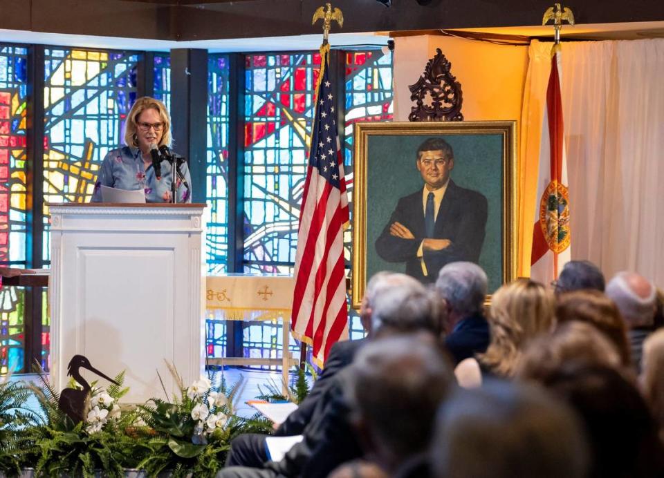 Suzanne Graham Gibson speaks during the public celebration of life service for her father, former Florida Gov. and U.S. Sen. Bob Graham, at the Miami Lakes United Church of Christ on Saturday, May 11, 2024, in Miami Lakes.