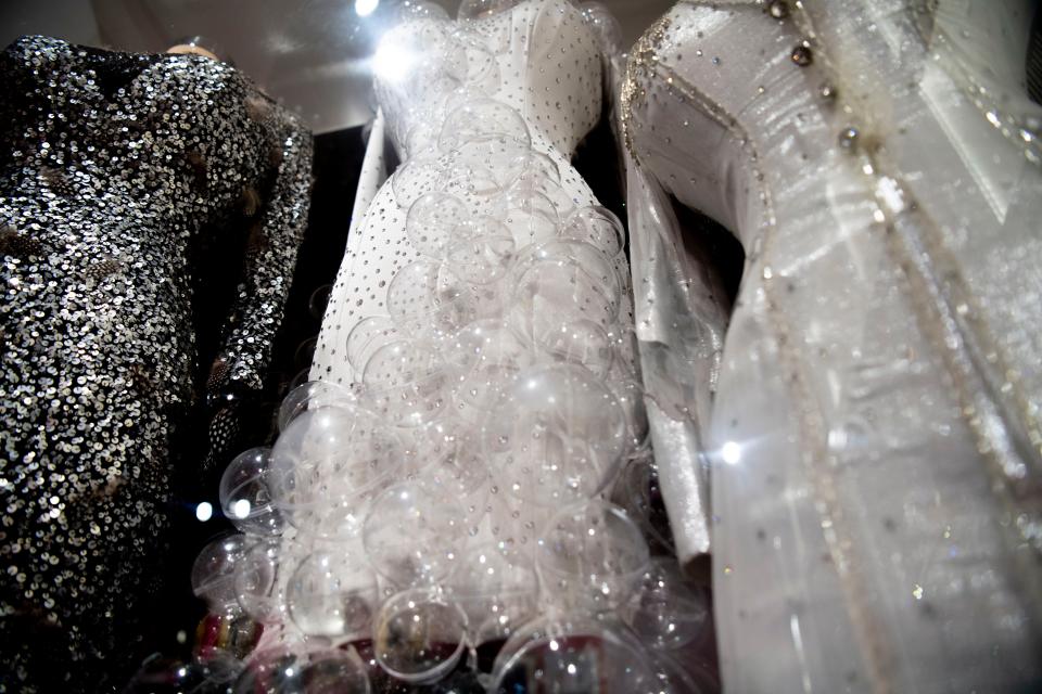 Dresses on display as part of Dolly Parton's wardrobe exhibition tied to her wardrobe retrospective book "My Life In Seams" at Lipscomb University Beaman Library in Nashville, Tenn., Wednesday, Oct. 25, 2023.